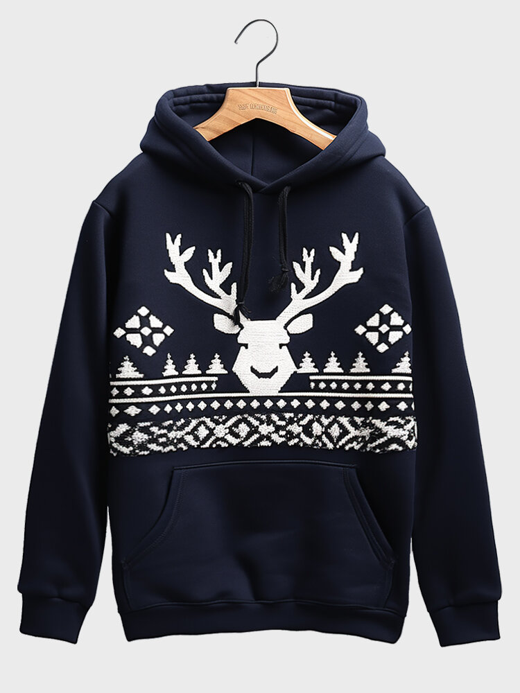 Mens Christmas Elk Snowflake Print Kangaroo Pocket Drawstring Hoodies
