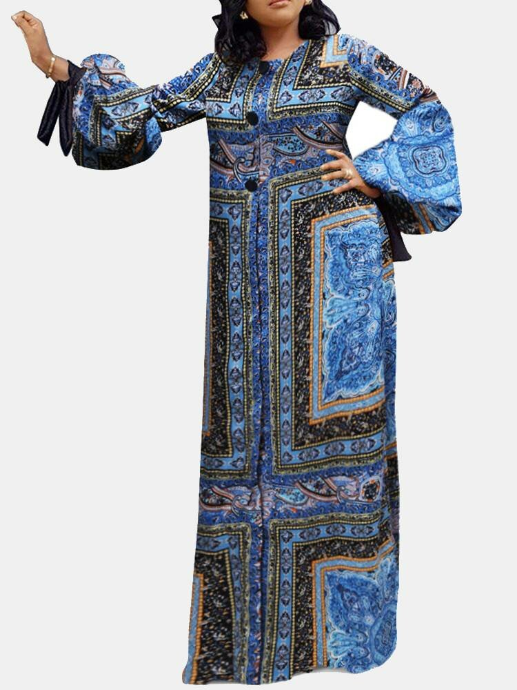 Tribal Pattern Button Long Sleeve Tie-up At Cuffs Maxi Dress