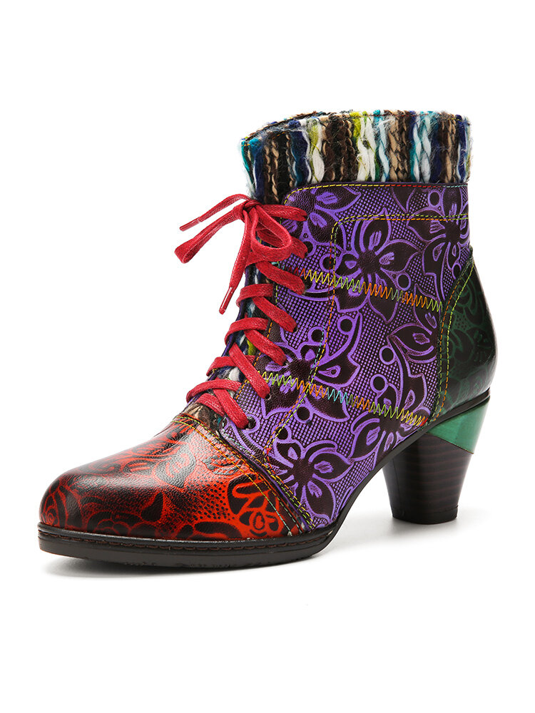 Socofy Couro Genuíno Junção de lã Design Floral Colorblock com zíper lateral confortável botas curtas de salto grosso