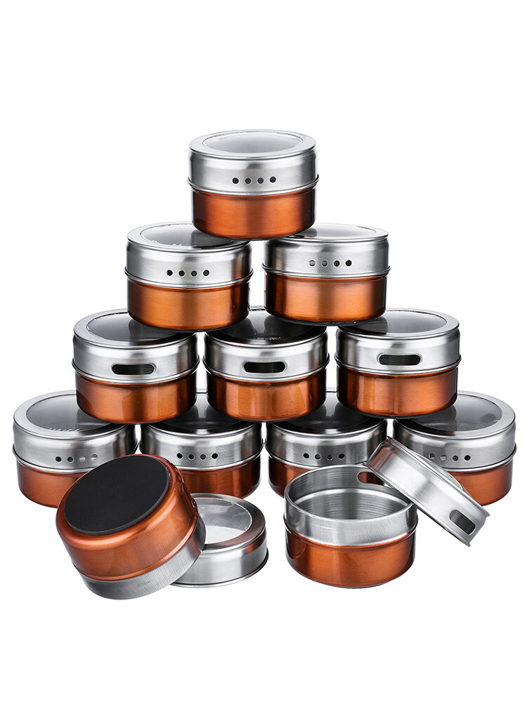 12Pcs/Set Magnetic Spice Tins Stainless Steel Storage Container Jars Clear Lid BBQ Seasoning Golden