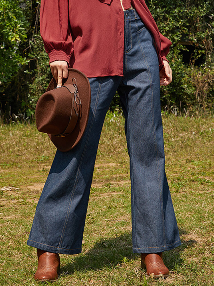 Однотонная повседневная расклешенная джинсовая ткань с молнией на пуговицах Джинсы