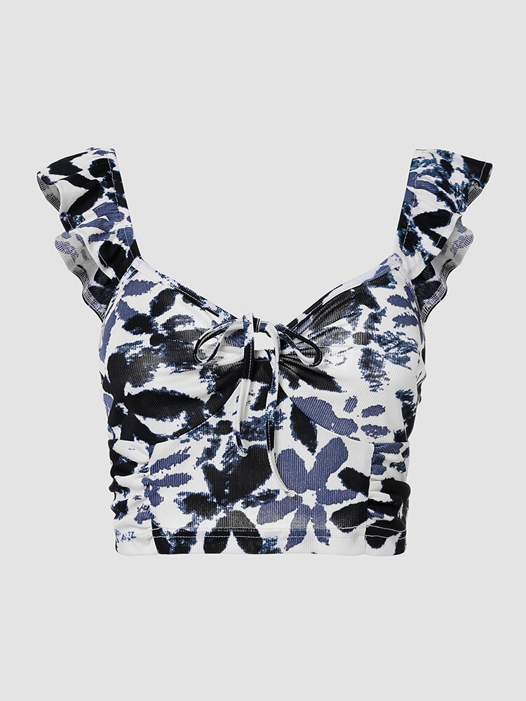 Camiseta sin mangas elegante recortada con espalda abierta anudada con volantes florales azul marino