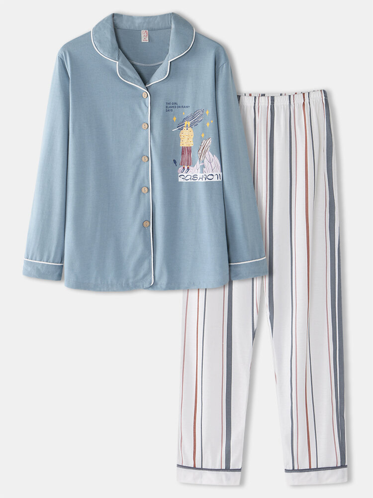 Frauen Baumwolle Plus Größe Gestreifte Hosen Knopf Langarm Casual Home Pyjama Sets
