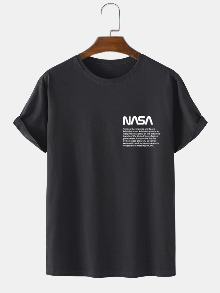 

Mens 100% Cotton NASA Letter Print Short Sleeve T-Shirt, Brown;grey;apricot;dark green