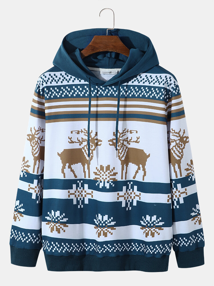 Mens Christmas Elk Snowflake Print Casual Overhead Drawstring Hoodies