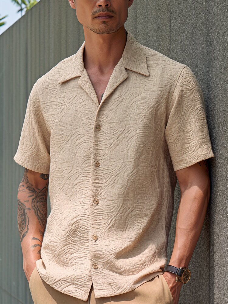 

Mens Solid Texture Revere Collar Casual Short Sleeve Shirts, Khaki
