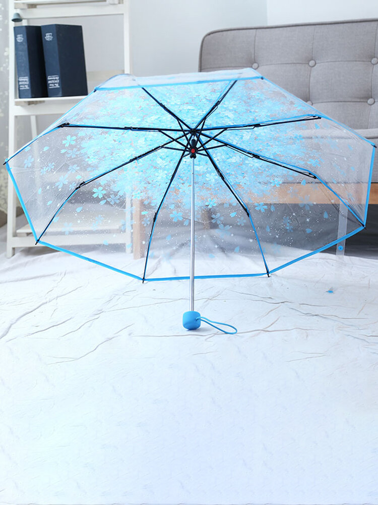 SaicleHome PEVA Romantic Cherry Blossoms Transparent Umbrella Folding Umbrella Sun Rain Gear