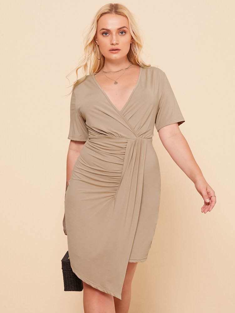 Asymmetrical Solid Color V-neck Plus Size Casual Dress