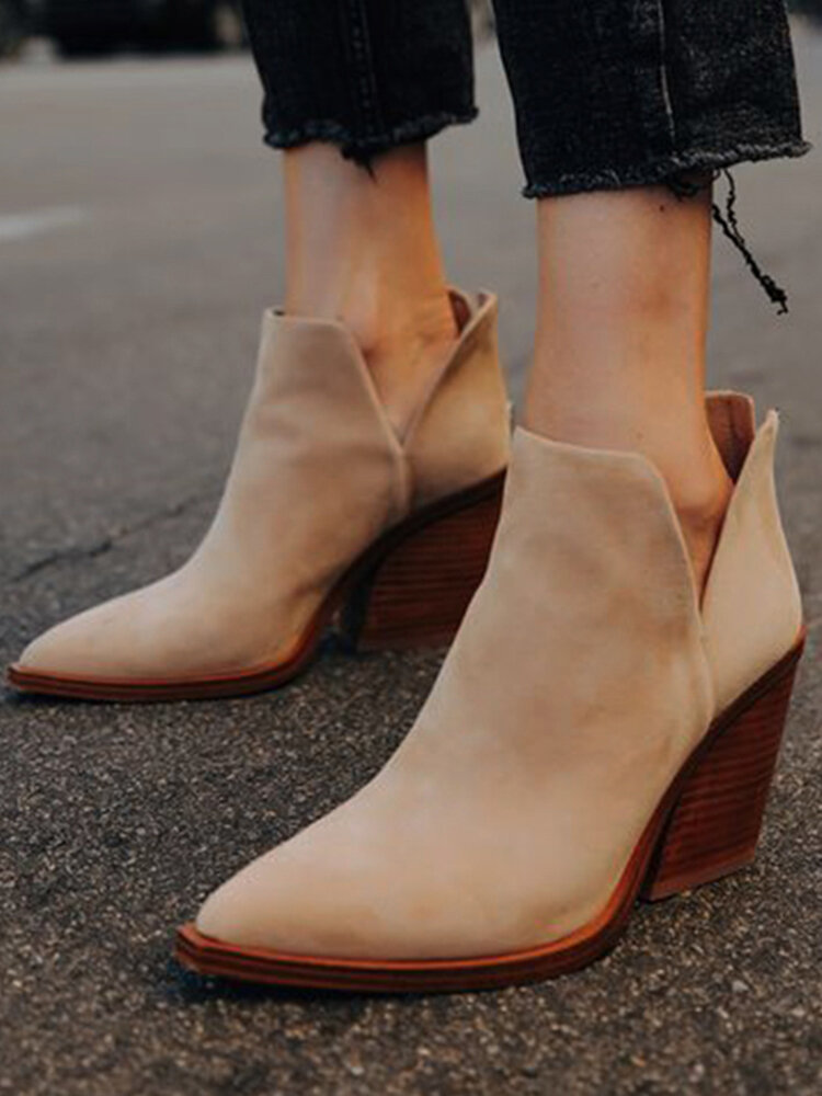 Plus Size Women Pointed Toe Chunky Heel Ankle Boots