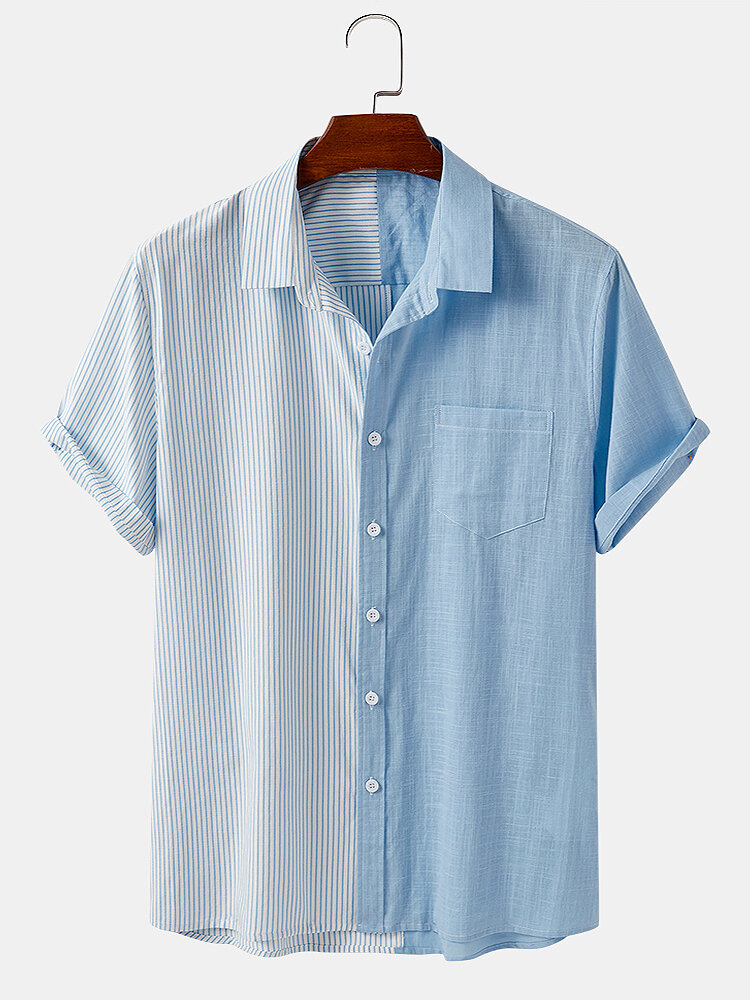 Men 100% Cotton Striped Patchwork Casual Designer Shirt