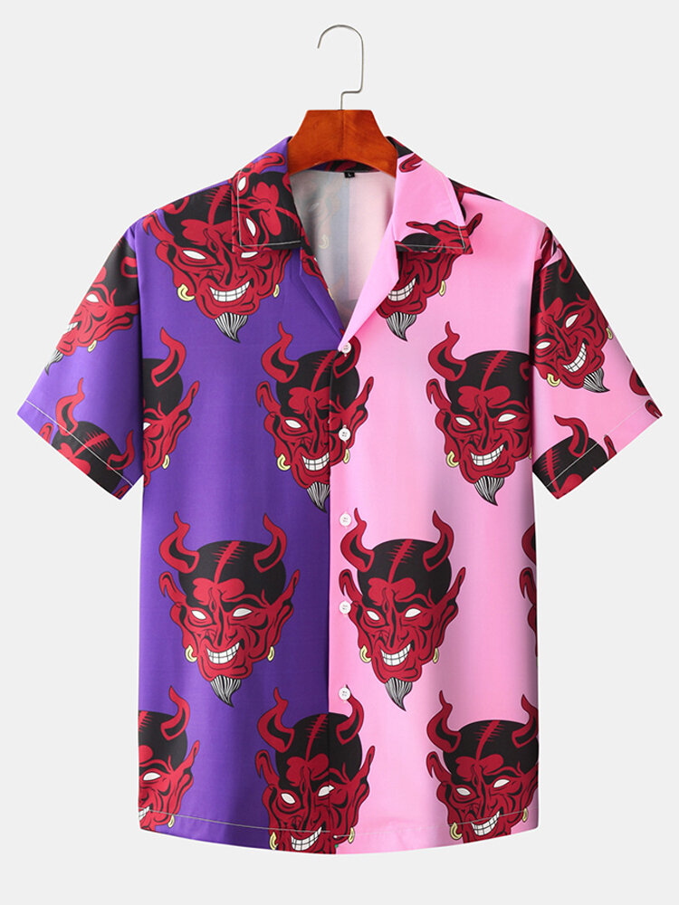 

Mens Cartoon Devil Patchwork Light Casual Revere Collar Short Sleeve Shirts, Black;pink