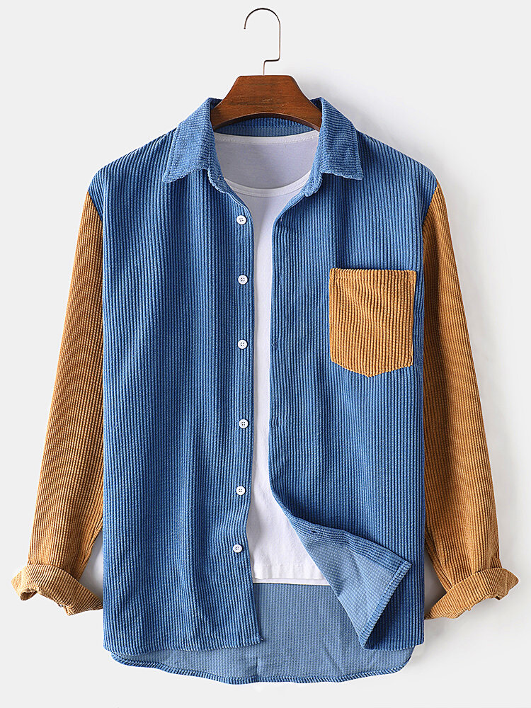 Mens Corduroy Patchwork Color Block Long Sleeve Loose Shirts With Contrast Pocket