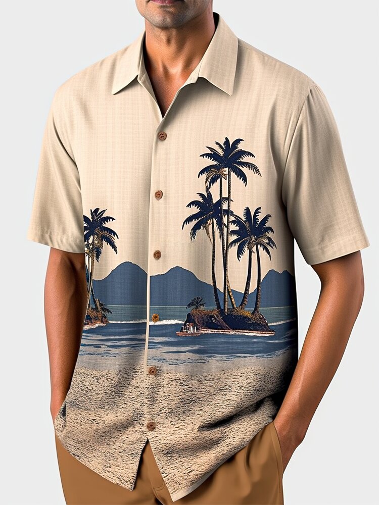 

Mens Coconut Tree Landscape Print 100% Cotton Vacation Short Sleeve Shirts, Camel