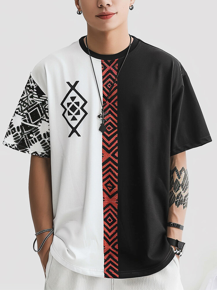 Camisetas masculinas geométricas étnicas Padrão patchwork com gola redonda e manga curta