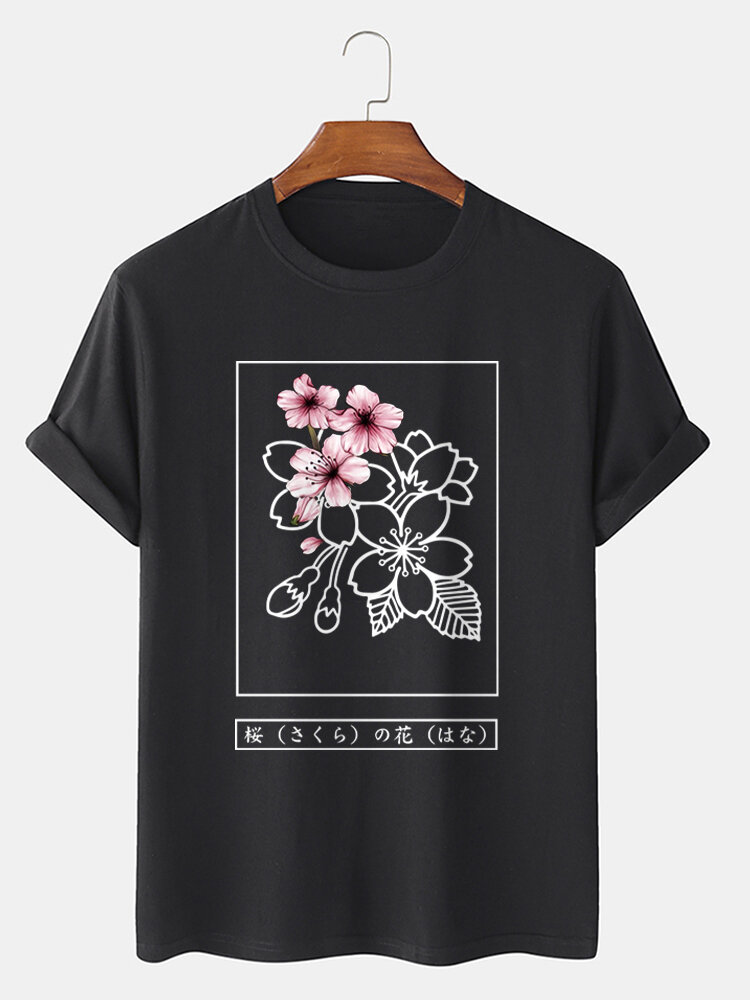 Mens Cherry Blossoms Japanese Print Cotton Short Sleeve T-Shirts