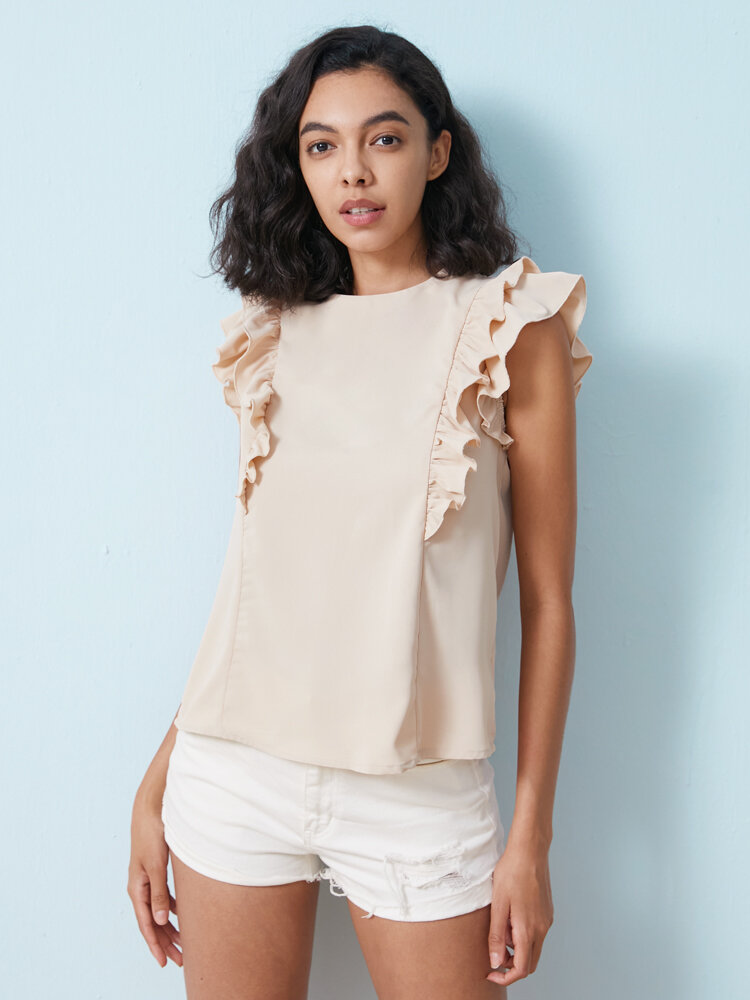 Solid Ruffle Sleeve Tie Open Back Crew Neck Blouse
