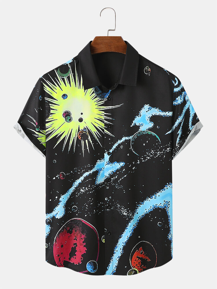 Mens Planet Galaxy Printed Lapel Short Sleeve Shirts