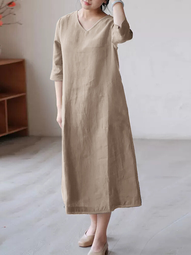 Solid V-neck 3/4 Sleeve Vintage Dress For Women