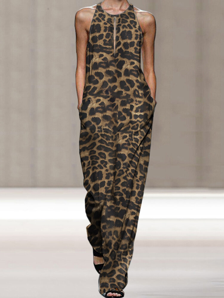Leopard Print Sleeveless Plus Size Loose Jumpsuit