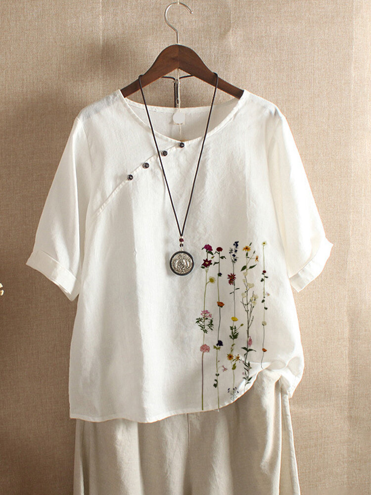 Floral Printed Short Sleeve Button T-shirt For Women