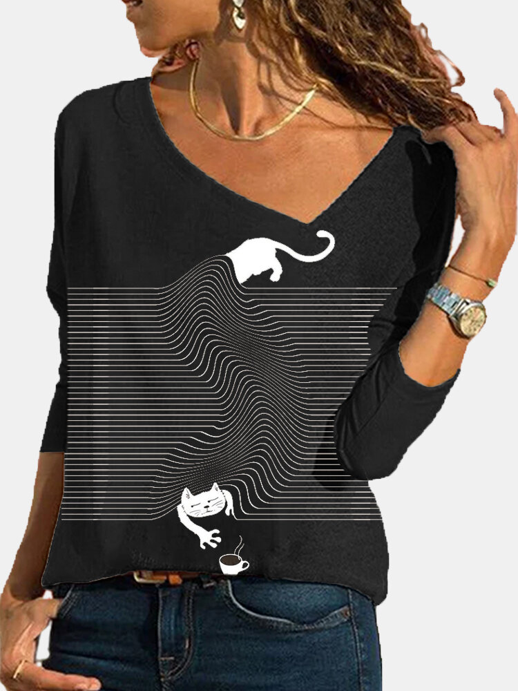 Cartoon Cat Strip V-neck Long Sleeve T-shirt
