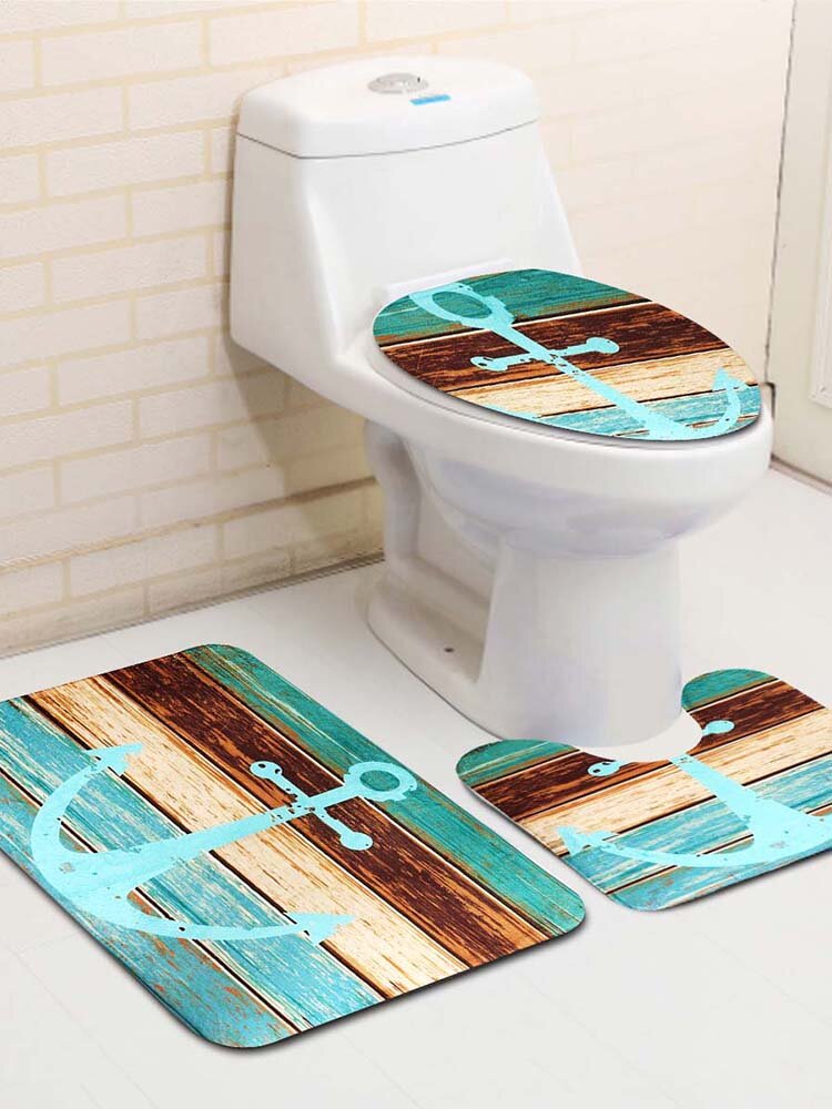 Rustic Wood Anti-Slip Bathroom Carpet Set Toilet Lid Cover Rug Mat Decorative 