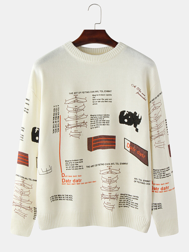Мужская буква Шаблон с принтом, вязаный повседневный пуловер с заниженным плечом, свитера