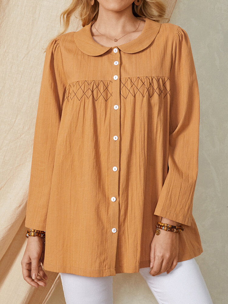 Повседневная хлопковая блузка на пуговицах с простыми карманами и длинными рукавами Женское Рубашка