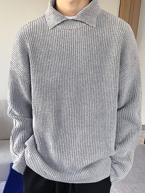 Mens Lapel Solid Color Pullover Knitting Sweater