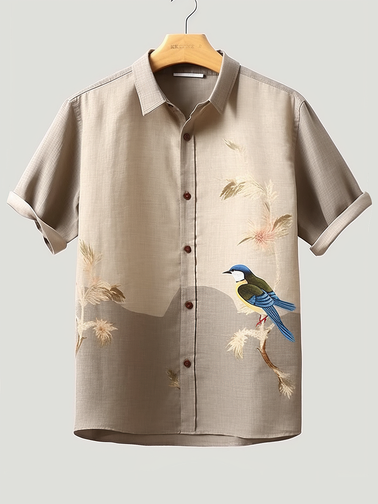 

Mens Bird Plant Print Lapel Short Sleeve Cotton Shirts, Apricot