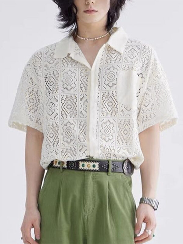Mens Floral Lace Crochet Lapel Short Sleeve Shirt