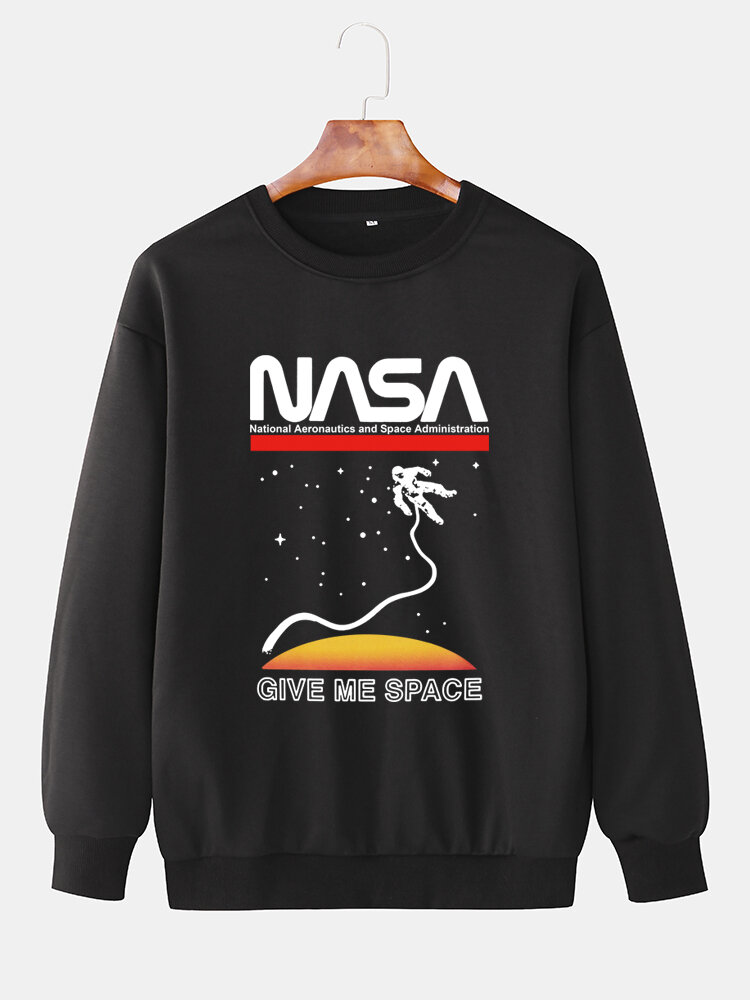 Mens Space Graphic Print Solid Color Casual Loose Pullover Sweatshirts