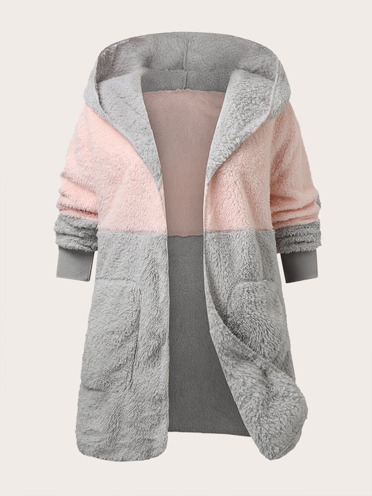 Plus Size Contrast Color Fluffy Pocket Hooded Teddy Coat