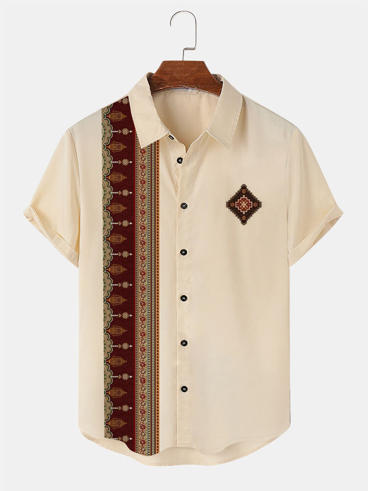

Mens Ethnic Vintage Geometric Print Patchwork Lapel Short Sleeve Shirts Winter, Apricot