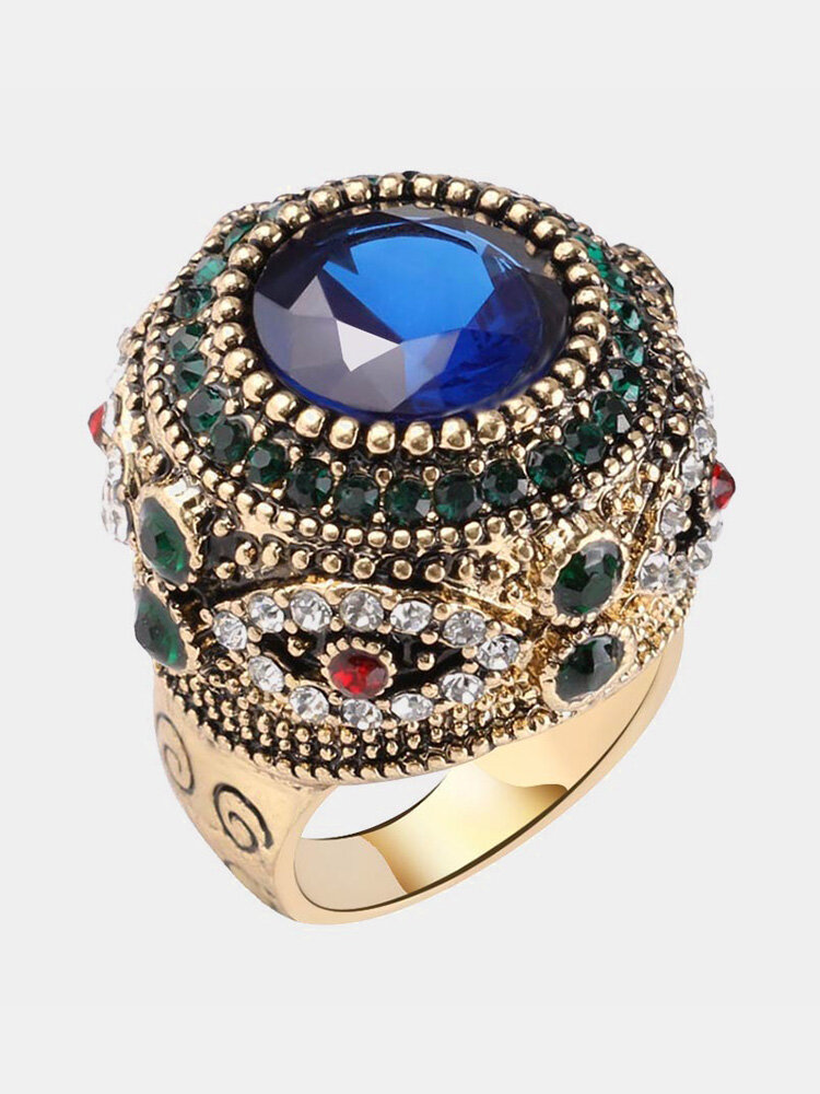 Bohemian Finger Rings Blue Rhinestone Gold Plated Round Geometric Rings Ethnic Jewelry for Women