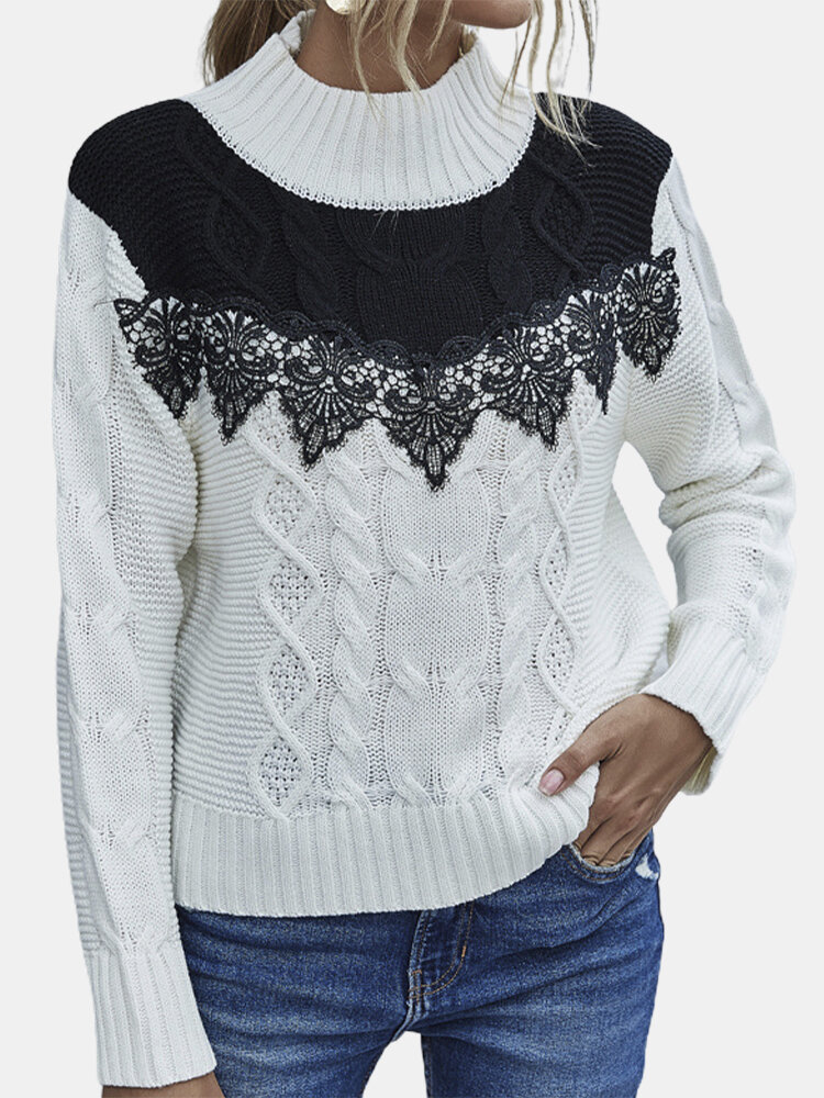Lace Patchwork Long Sleeve Half-collar Sweater For Women