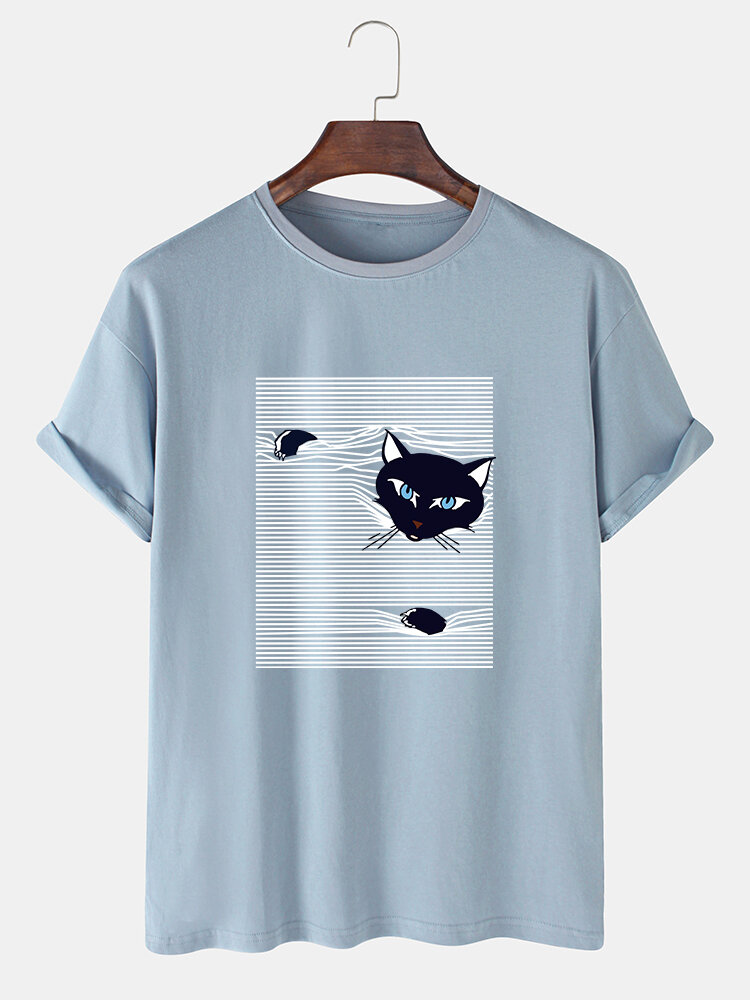 Mens Cartoon Cat Pinstripe Print O-Neck Cotton Cute Short Sleeve T-Shirts