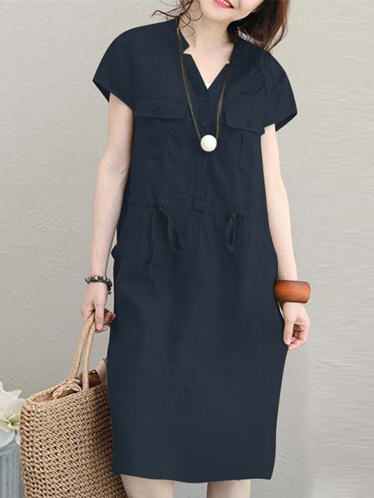 Solid Short Sleeve Pocket Drawstring Button Dress