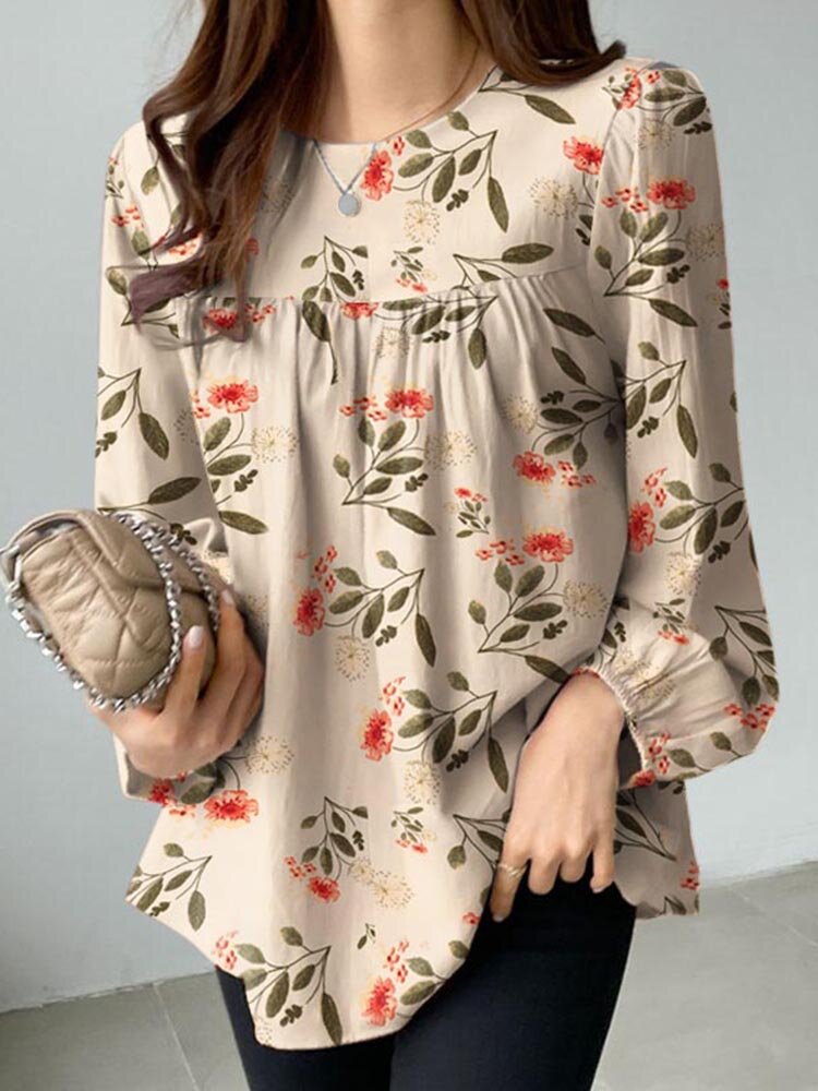 Damen-Bluse mit Blumen- und Pflanzendruck, Rundhalsausschnitt und langen Ärmeln