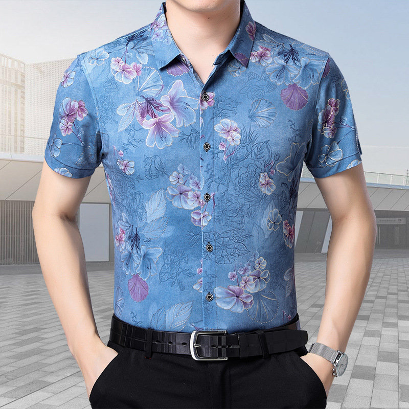 Shirt mens short-sleeved fashion print shirt ice silk Hawaiian loose 