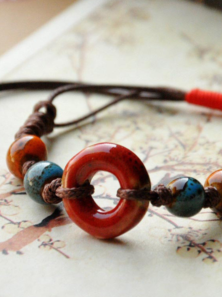 Vintage Circle Colorful Flower Glaze Beads Beaded Hand-woven Ceramic Bracelet