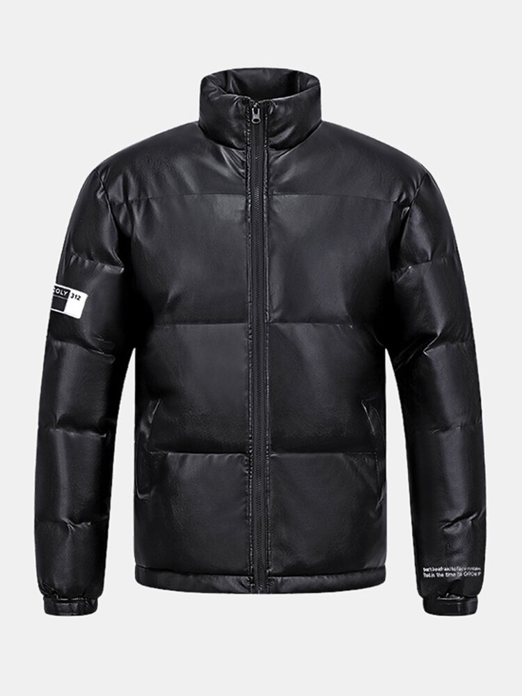 

Mens Cotton Quilted Applique Zip Front Thick Padded Puffer Jacket With Pocket, Black