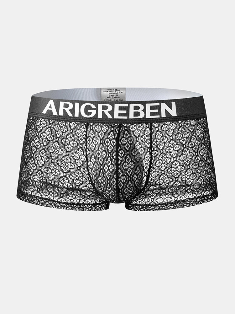 

Mens Lace Mesh See Through Breathable Letter Waistband Boxers Underwear, Orange