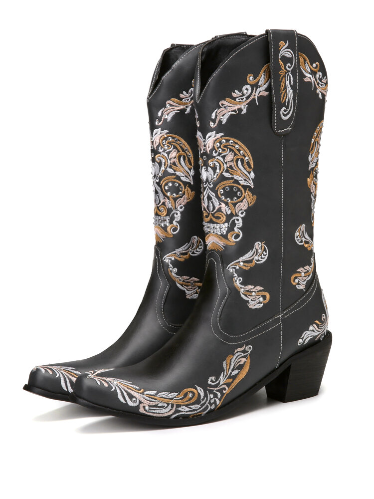 Lostisy Plus Size Women Retro Embroidered Skull Pattern Mid Calf Cowboy Boots