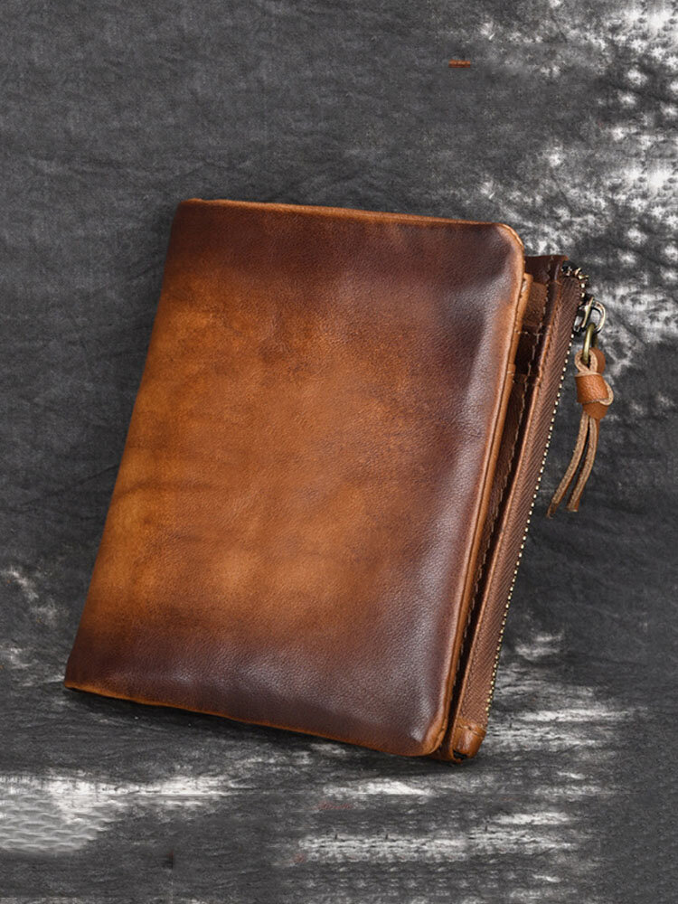 Men Genuine Leather Vintage Short Wallet Double Zipper Coin Purse 7 Card Slot