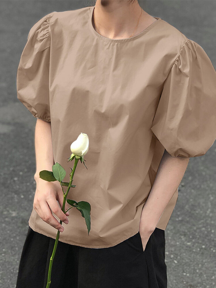 Puff Sleeve Solid Color Short Sleeve Crew Neck Casual Blouse