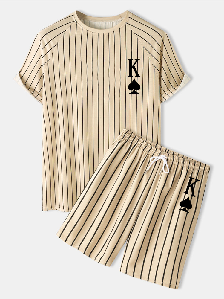 

Mens Stripe K Poker Print Raglan Sleeve Casual Two Pieces Outfits, White;khaki