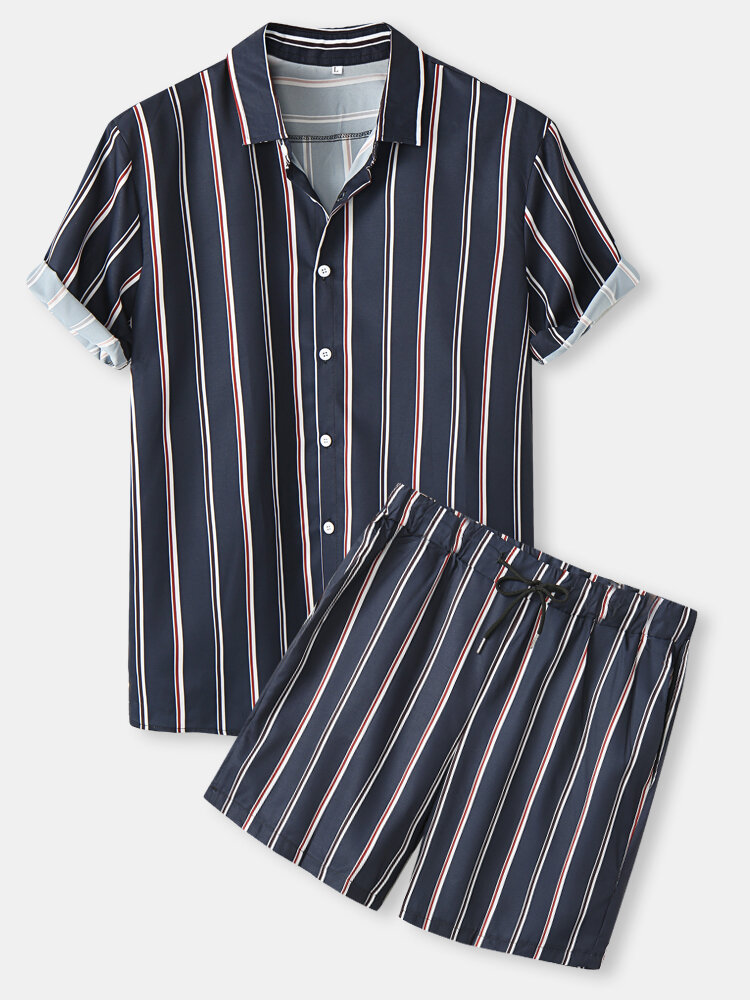 Mens Vertical Stripe Button Up Casual Two Pieces Outfits With Shorts