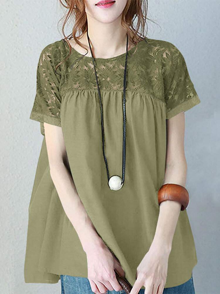 Повседневная блузка с короткими рукавами и кружевом в стиле пэчворк для отдыха
