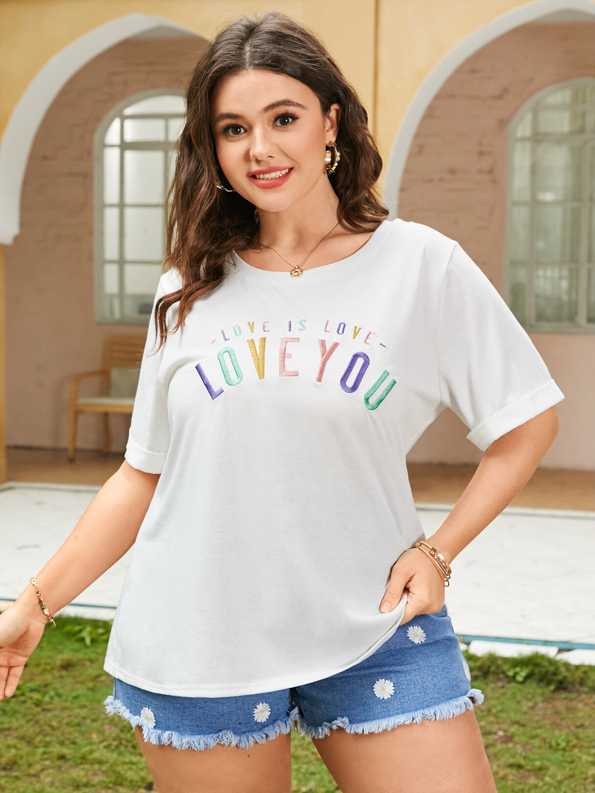 Plus Size Letter Embroidered Round Neck Short Sleeve Tee